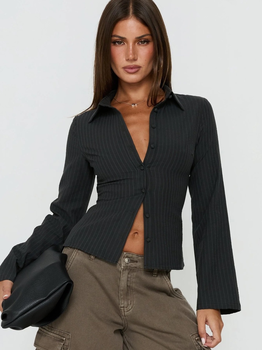 Princess Polly Anni Pinstripe Shirt Black 6